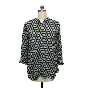 Rock Flower Paper Womens Medium Button Down‎ Shirt Navy Green Leaf Print Rayon
